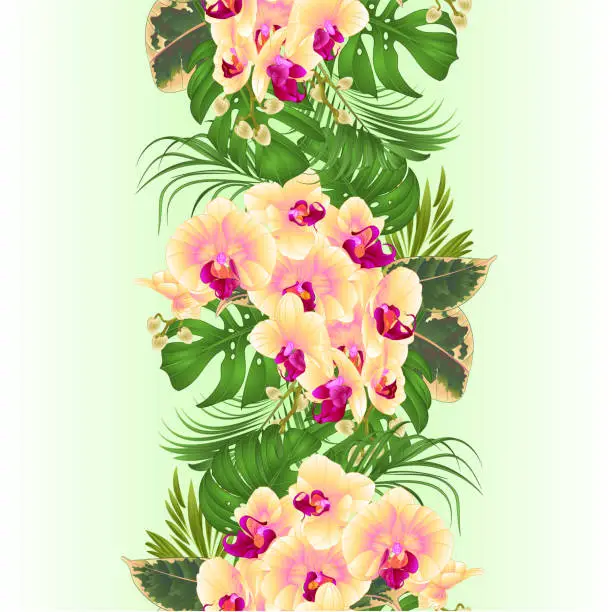 Vector illustration of Vertical border seamless background  with tropical flowers  floral arrangement, with beautiful yellow orchid, palm,philodendron and ficus vintage vector illustration  tableta