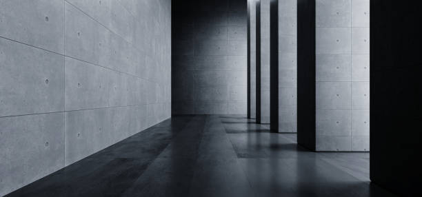istock Modern Elegant Architecture Grunge Concrete Columns Cement Reflective Underground Hallway Room Garage Gallery Tunnel Corridor Dark Empty Background 3D Rendering 1163112847