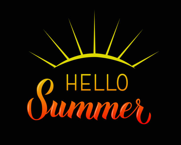 istock Hello summer bright calligraphy lettering on black background. Inspirational seasonal quote typography poster. Hand written symbol design. Vector template for banner, flyer, sticker, clothes. 1163112941