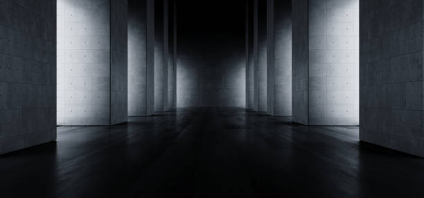 istock Modern Elegant Architecture Grunge Concrete Columns Cement Reflective Underground Hallway Room Garage Gallery Tunnel Corridor Dark Empty Background 3D Rendering 1163113107