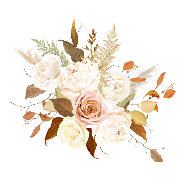 Moody boho chic wedding vector bouquet. Moody boho chic wedding vector bouquet. Warm fall and winter tones. Orange red, taupe, ivory, brown, cream, gold, beige, sepia autumn colors. Rose flowers, peony, ranunculus, pampas grass, fern. terracotta stock illustrations