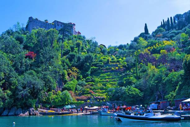 View of Castello Brown, from Portofino Harbour, Portofino, Liguria, Italy stock photo