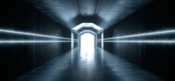 istock Sci Fi Futuristic Modern Grunge Concrete White Blue Glowing Stage Hall Garage Underground Room Tunnel Corridor Dark Reflective Empty Background Spaceship Gate 3D Rendering 1163119355