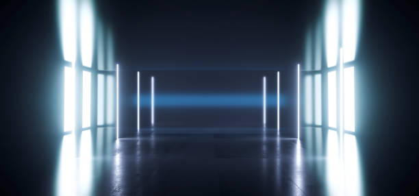 istock Sci Fi Futuristic Modern Grunge Concrete White Blue Glowing Stage Hall Garage Underground Room Tunnel Corridor Dark Reflective Empty Background Spaceship Gate 3D Rendering 1163119367