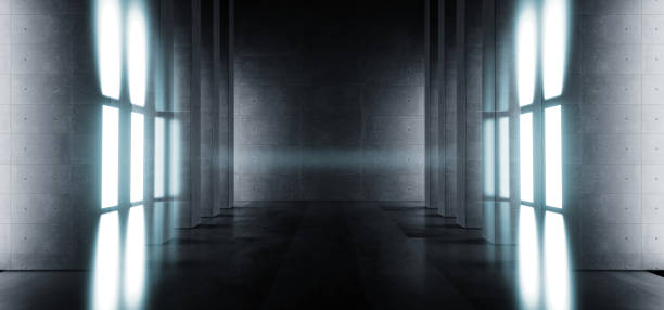 istock Sci Fi Futuristic Modern Grunge Concrete White Blue Glowing Stage Hall Garage Underground Room Tunnel Corridor Dark Reflective Empty Background Spaceship Gate 3D Rendering 1163119377