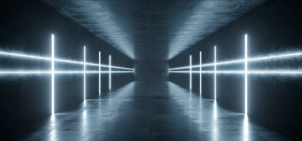 istock Sci Fi Futuristic Modern Grunge Concrete White Blue Glowing Stage Hall Garage Underground Room Tunnel Corridor Dark Reflective Empty Background Spaceship Gate 3D Rendering 1163119385