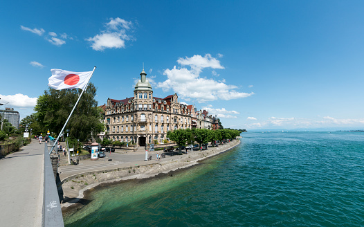 Konstanz, BW / Germany - 14. July 2019:  the Sternenplatz Bridge in Konstanz with a view of the old town and a Japanese flag
