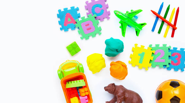 istock Colorful kids toys on white background. 1163122038
