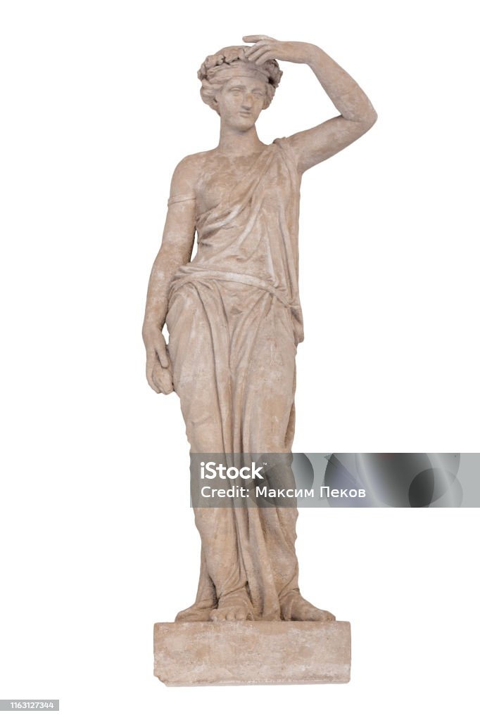 Sculpture of the ancient Greek god Ceres isolated. Sculpture of the Greek god Ceres isolated on white background. Ceres was a goddess of agriculture, grain crops, fertility and motherly relationships. Sculptor S. S. Pimenov. Created in 1822 Statue Stock Photo
