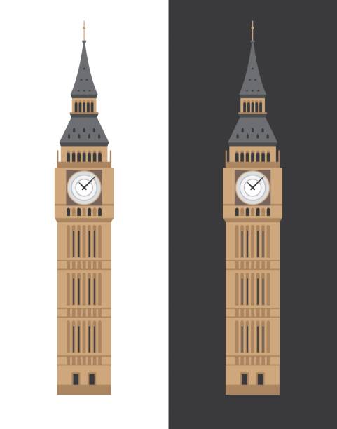 Big Ben clock tower flat illustration. London Big Ben clock tower flat vector illustration. British touristic landmark, travel attraction. big ben stock illustrations