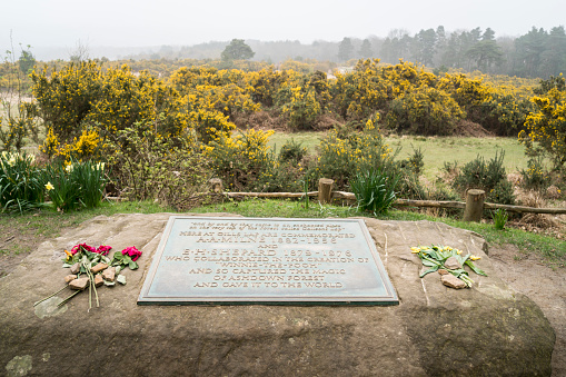 Memorial plaque to A A Milne & E H Shepard who wrote and  illustrated Winnie the Pooh, in Ashdown Forest, East Sussex, UK