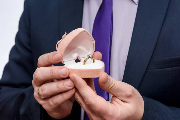 istock Groom gives the wedding ring in red box 1163133995