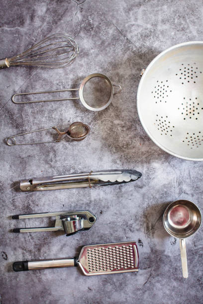 istock Metal kitchen utensils. Eco friendly Zero waste plastic free kitchen on gray  background. concept sustainable lifestyle or Recycling and ecology. 1163139009