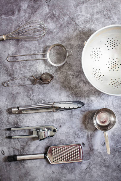 istock Metal kitchen utensils. Eco friendly Zero waste plastic free kitchen on gray  background. concept sustainable lifestyle or Recycling and ecology. 1163139012