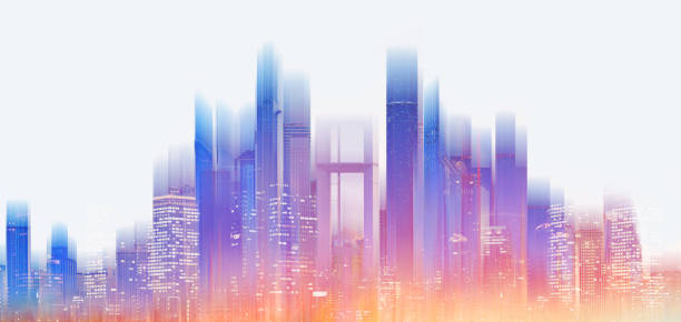 istock Futuristic modern building with bright and glowing colorful light, on white background 1163139857
