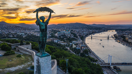 Aerial view Liberty Statue in Budapest during dusk