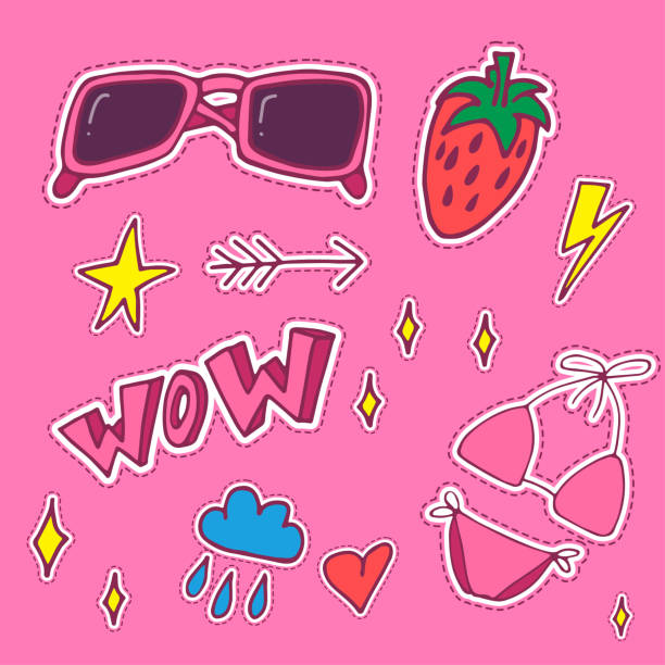illustrazioni stock, clip art, cartoni animati e icone di tendenza di set patch estiva ragazza - girl sunglasses 80s