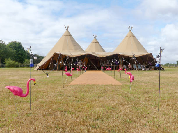 Three large tepees set up for a wedding event on farmland