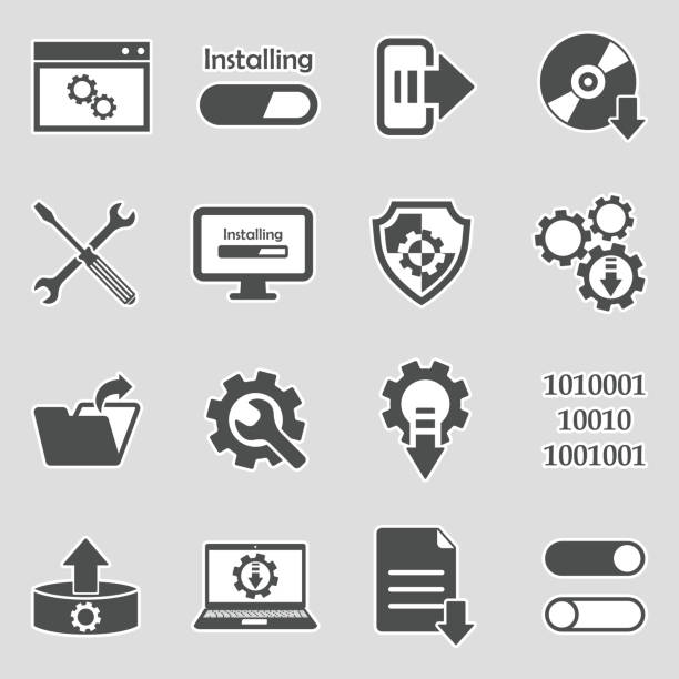 ilustrações de stock, clip art, desenhos animados e ícones de setup, installation and configuration icons. sticker design. vector illustration. - computer software cd computer laptop