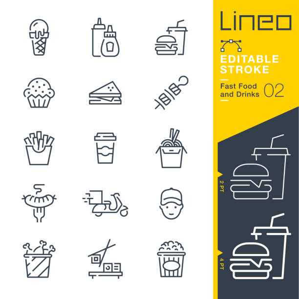 lineo editable stroke - fast food und getränke liniensymbole - speisen oder getränke zum mitnehmen stock-grafiken, -clipart, -cartoons und -symbole