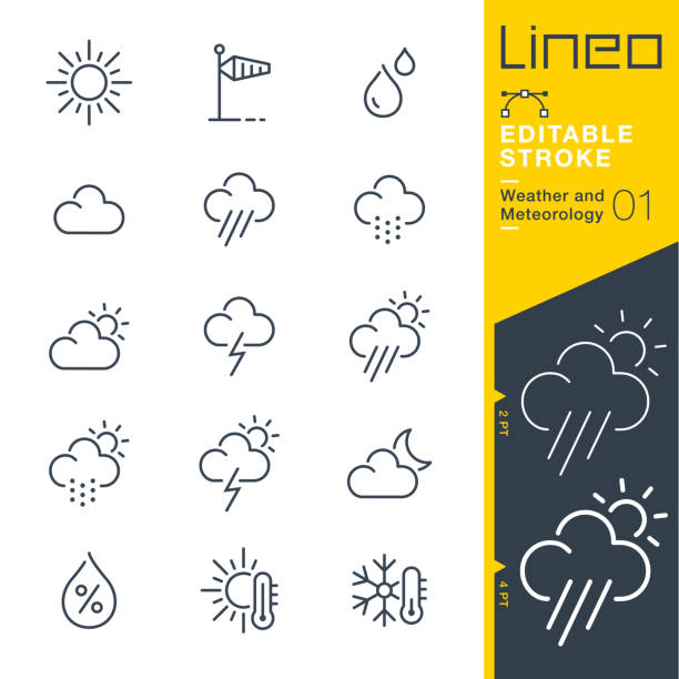 illustrazioni stock, clip art, cartoni animati e icone di tendenza di linea tratto modificabile - icone della linea meteo e meteorologia - nube immagine