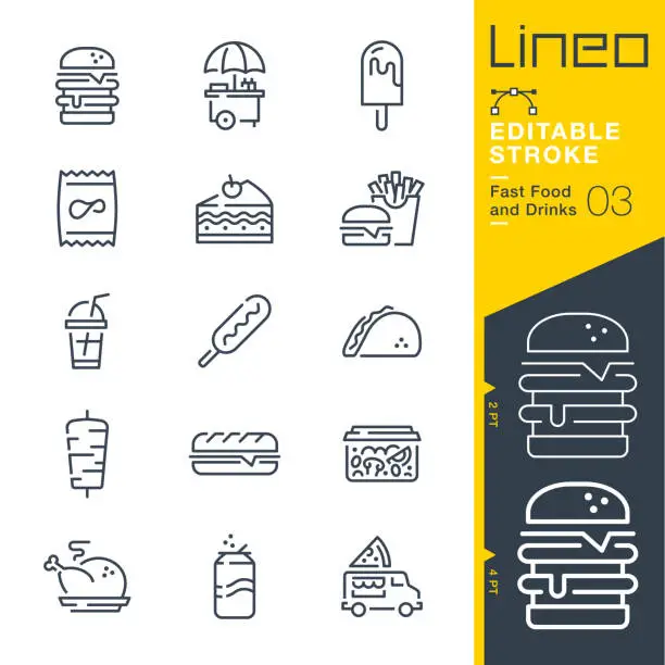 Vector illustration of Lineo Editable Stroke - Fast Food and Drinks line icons