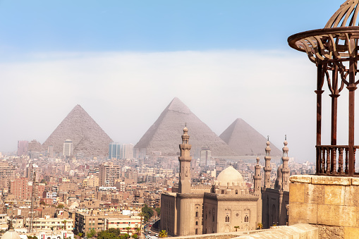Egypt world known sights, view on the Pyramids of Giza and the Mosque of Cairo.