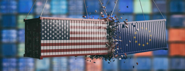 istock Europe vs USA trade war. Crushed containers, banner. 3d illustration 1163155774