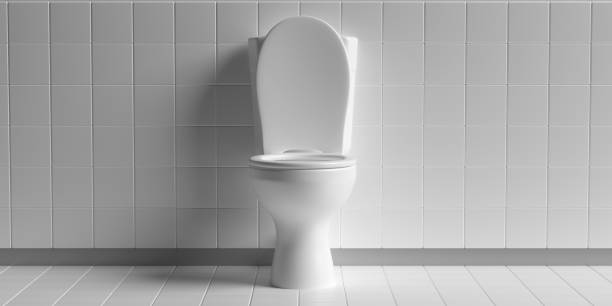 Toilet bowl on white background, copy space. 3d illustration WC toilet bowl white color on white tiles floor and wall background, copy space. 3d illustration toilet stock pictures, royalty-free photos & images