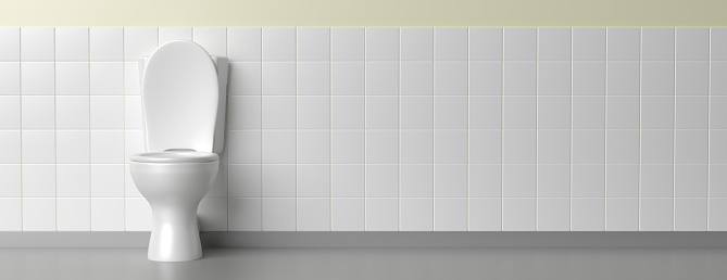WC toilet bowl white color on white tiles floor and wall background, banner, copy space. 3d illustration