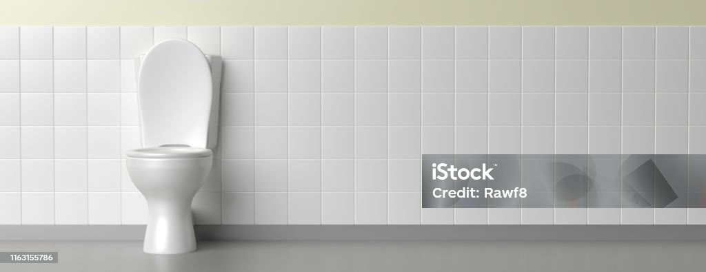 Toilet bowl on white background, banner. 3d illustration WC toilet bowl white color on white tiles floor and wall background, banner, copy space. 3d illustration Toilet Stock Photo