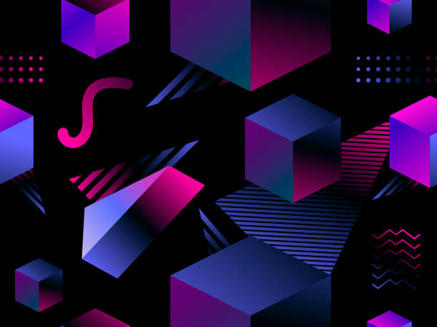 istock Seamless pattern with geometric shapes in the style of 80s. Isometric 3d objects on a black background. For wrapping paper, print and fabric. Vector illustration 1163158670
