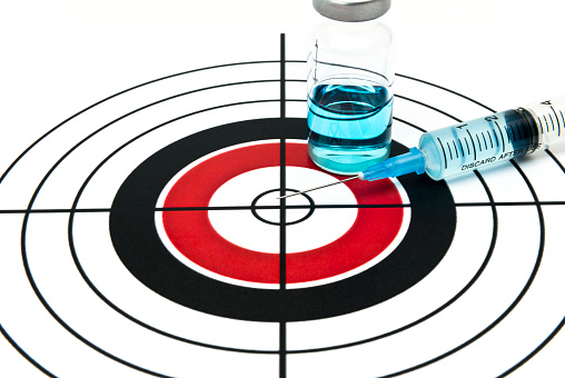 syringe and liquid medicine vial on the target