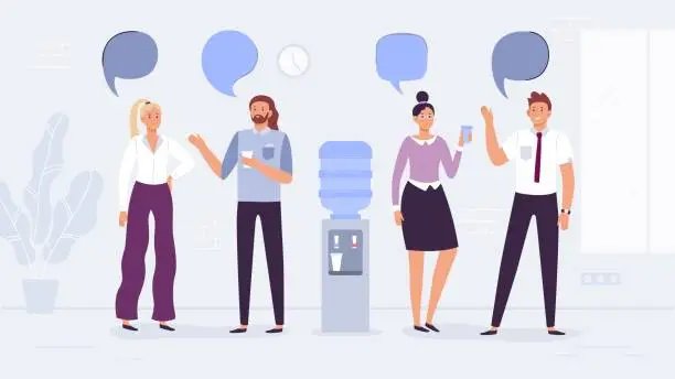 Vector illustration of Water cooler talk. Office workers conversation, people drink water and talking with speech bubbles vector illustration