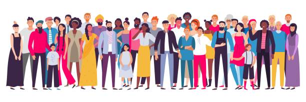 Multiethnic group of people. Society, multicultural community portrait and citizens. Young, adult and elder people vector illustration Multiethnic group of people. Society, multicultural community portrait and citizens. Young, adult and elder people. Aging african and asian ladies or european students vector illustration american culture illustrations stock illustrations