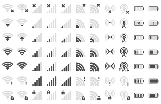 Mobile phone bar icons. Smartphone battery charge level, wifi signal strength icon and network connection levels pictogram. Device power indicating or batteries bar. Isolated symbols vector set
