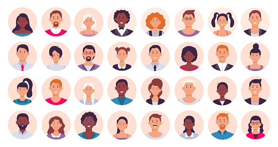 People avatar. Smiling human circle portrait, female and male person round avatars. Teens and adult internet user people character web site portraits. Isolated flat icon vector illustration collection