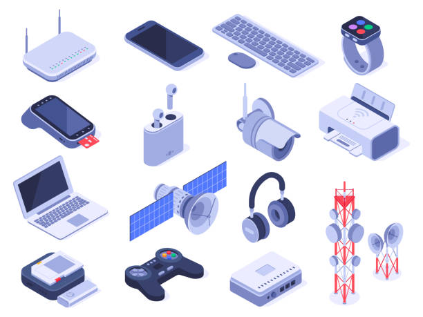 Isometric wireless devices. Computer connect gadgets, wireless connection remote controller and router device 3d vector set Isometric wireless devices. Computer connect gadgets, wireless connection remote controller and router device. Home internet technology wifi devices. Isolated 3d icons vector set electronics industry illustrations stock illustrations