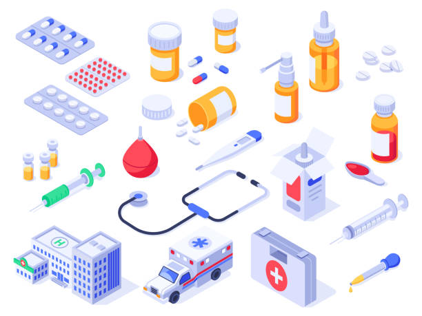 ilustraciones, imágenes clip art, dibujos animados e iconos de stock de kit de primeros auxilios isométricos. píldoras médicas de atención médica, medicamentos de farmacia y botellas de medicamentos. ambulancia hospitalaria 3d conjunto de vectores aislados - healthcare and medicine medical exam capsule vitamin a