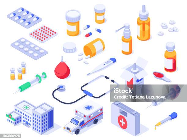 アイソメ応急処置キットヘルスケア医療薬薬局薬薬剤ボトル病院救急車3d隔離ベクトルセット - 投影図のベクターアート素材や画像を多数ご用意 - 投影図, ヘルスケアと医療, 医薬品