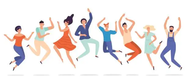 Vector illustration of Young people jump. Jumping teenagers group, happy teen laughing students and smiling excited people flat vector illustration