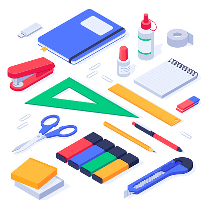 Isometric office supplies. School stationery tools, pencil eraser and pens. Stationery stapler, notebook and ruler tool supplies or workspace equipment isolated 3d icons vector set