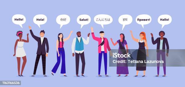 People Say Hi Hello On Different Languages Greetings World Persons And Communicating People Flat Vector Illustration Stock Illustration - Download Image Now