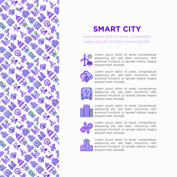 ilustrações, clipart, desenhos animados e ícones de conceito esperto da cidade com linha fina ícones: energia verde, urbanism inteligente, mobilidade eficiente, emissão zero, transporte elétrico, tráfego equilibrado, cctv. ilustração do vetor, molde dos media de cópia. - urbanity