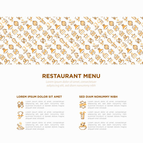 ilustrações de stock, clip art, desenhos animados e ícones de restaurant menu concept with thin line icons: starters, chef dish, bbq, soup, beef, steak, beverage, fish, salad, pizza, wine, seafood, burger. modern vector illustration for print media, banner. - steak dinner lobster wine