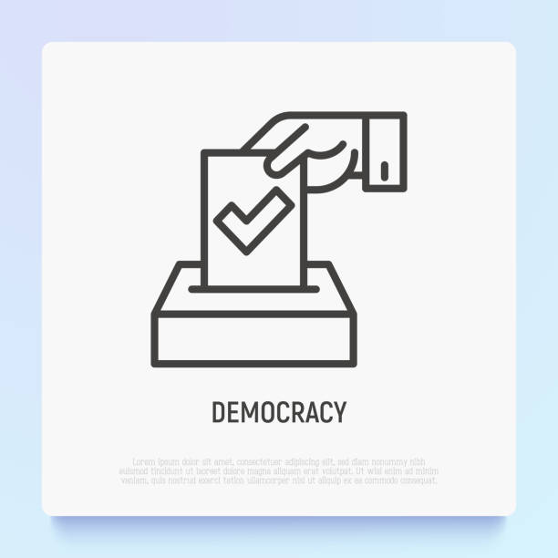 民主主義の細い線のアイコン:手はボックスにチェックで投票を置きます。選挙の現代ベクトルイラスト。 - voting ballot点のイラスト素材／クリップアート素材／マンガ素材／アイコン素材