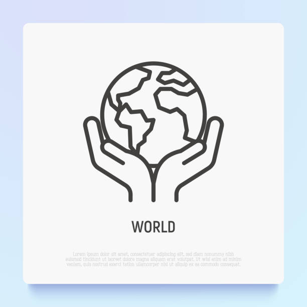 illustrazioni stock, clip art, cartoni animati e icone di tendenza di icona della linea sottile del mondo: mani che tengono il globo. illustrazione vettoriale moderna. - human hand globe earth planet