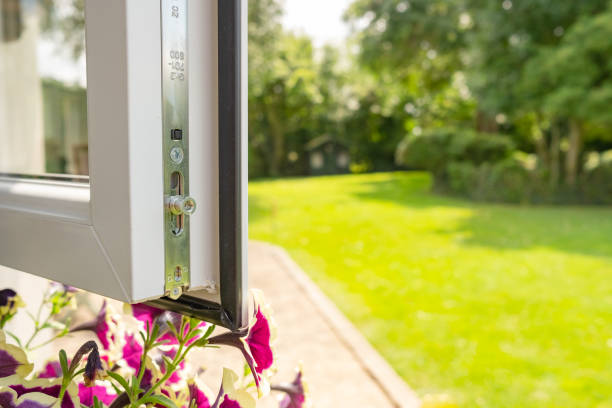 close-up of a brand new installed double glazed window showing the multiple security locks on the frame. - doubles imagens e fotografias de stock