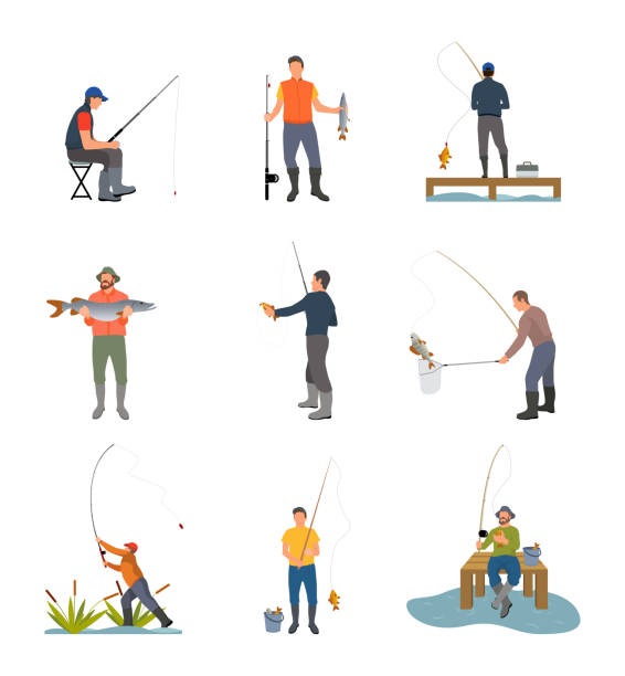 Fishing Hobby Activity Set Vector Illustration Fishing hobby activity. Catching fish by lake on wooden pier. Spinning hold by men sitting on stool, fishery sport set isolated on vector illustration fishing industry illustrations stock illustrations