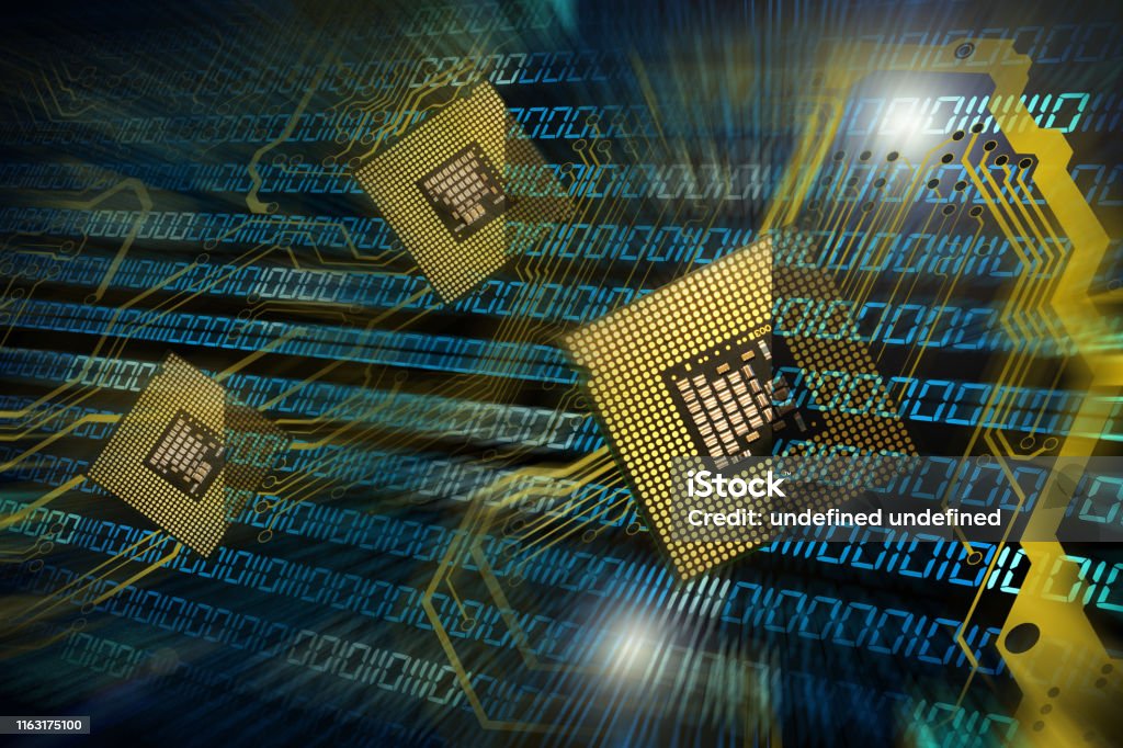 3d Illustration Binary Code With Cpu Chip Processors And Electronic ...